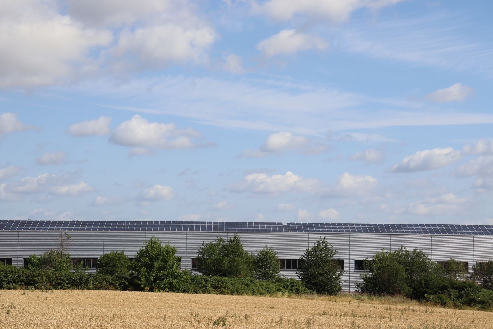 A large distribution warehouse with rooftop solar panels under a bright blue sky