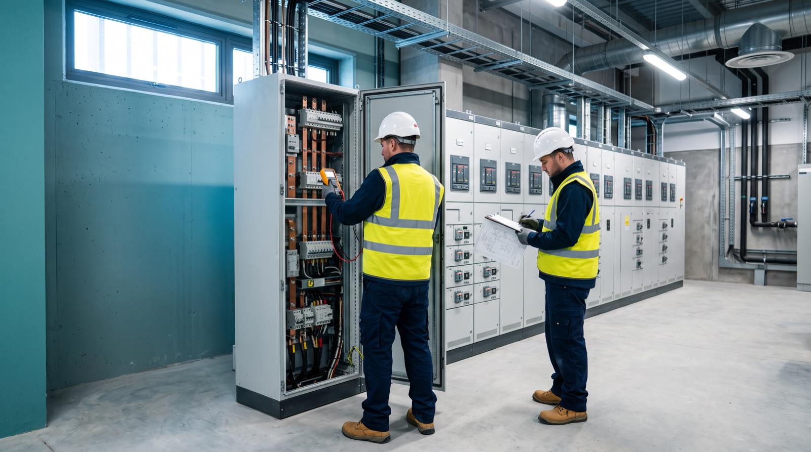 Nuvolt engineers commissioning LV switchgear on a commercial solar EPC project