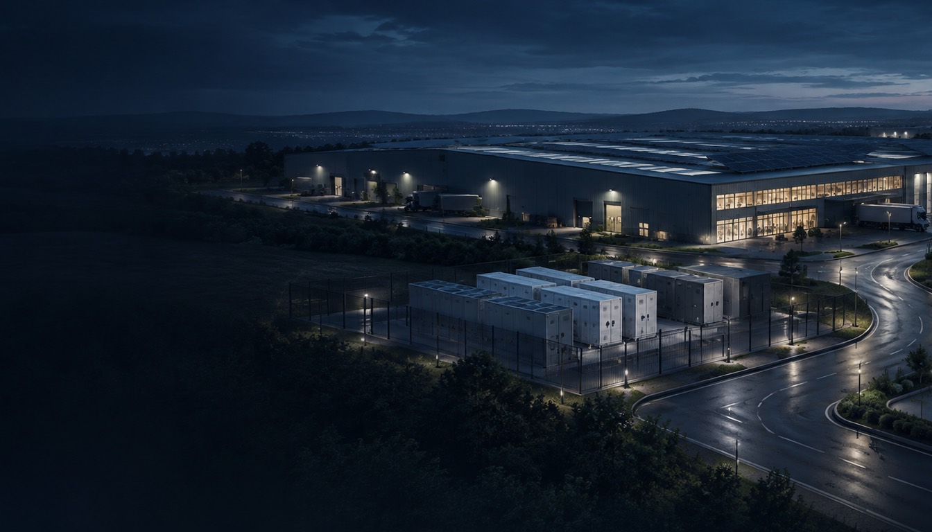 A phased commercial energy infrastructure programme visualised as sequenced solar generation, battery storage and grid connection stages across an industrial estate