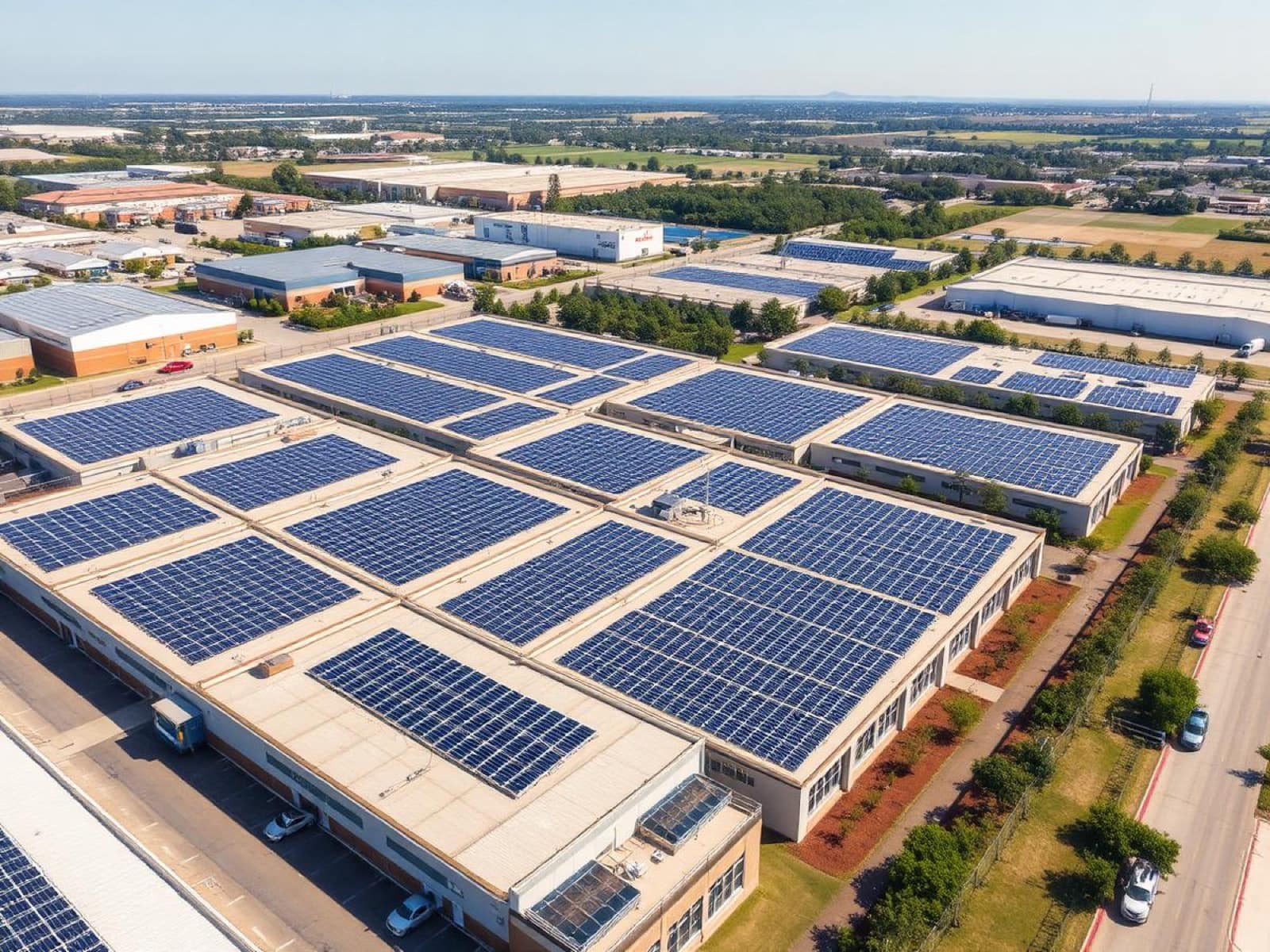 Aerial view of industrial estate rooftops covered in solar PV