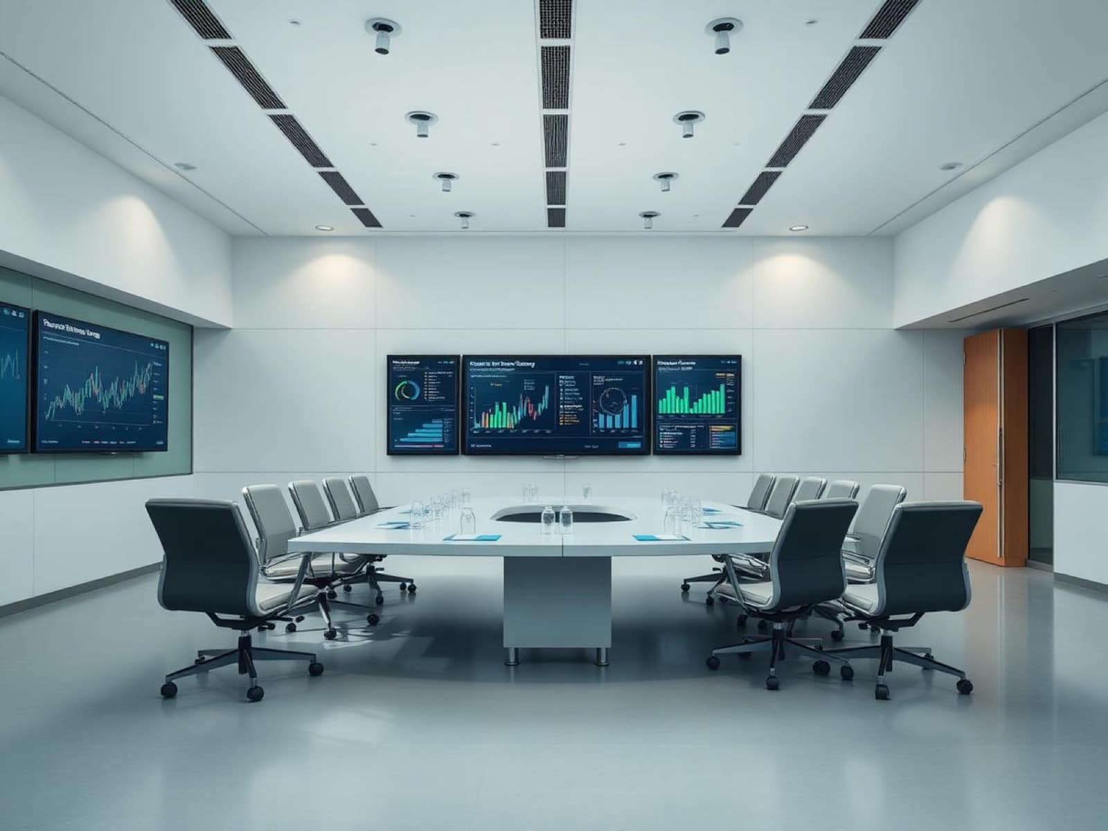 Empty corporate boardroom with energy data dashboards on screens