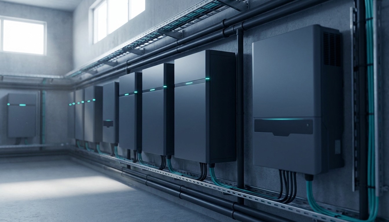 Commercial lithium battery storage cabinets and inverter in an industrial plant room, with status indicators lit