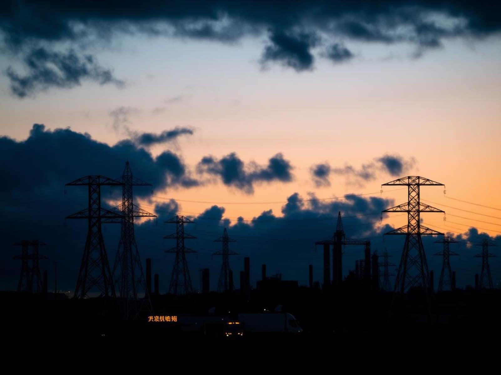 Industrial skyline with electricity pylons at twilight